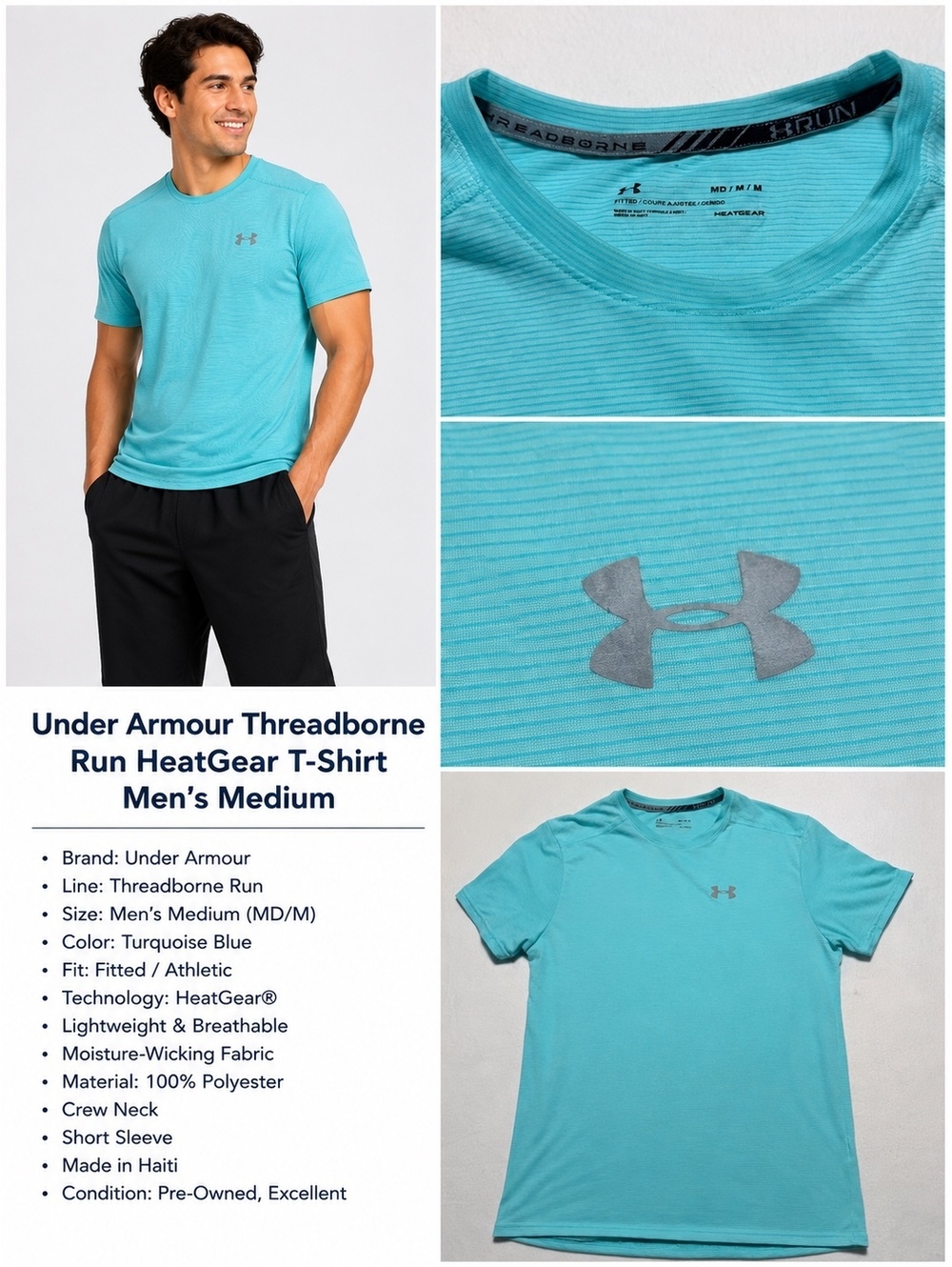 Under Armour Threadborne Run HeatGear Men’s Shirt Medium Turquoise Fitted